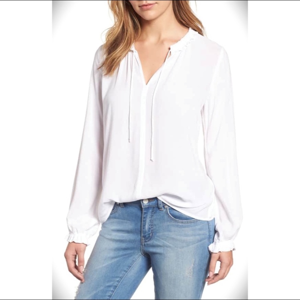 Velvet by Graham&Spencer White Ruffle tie neck top